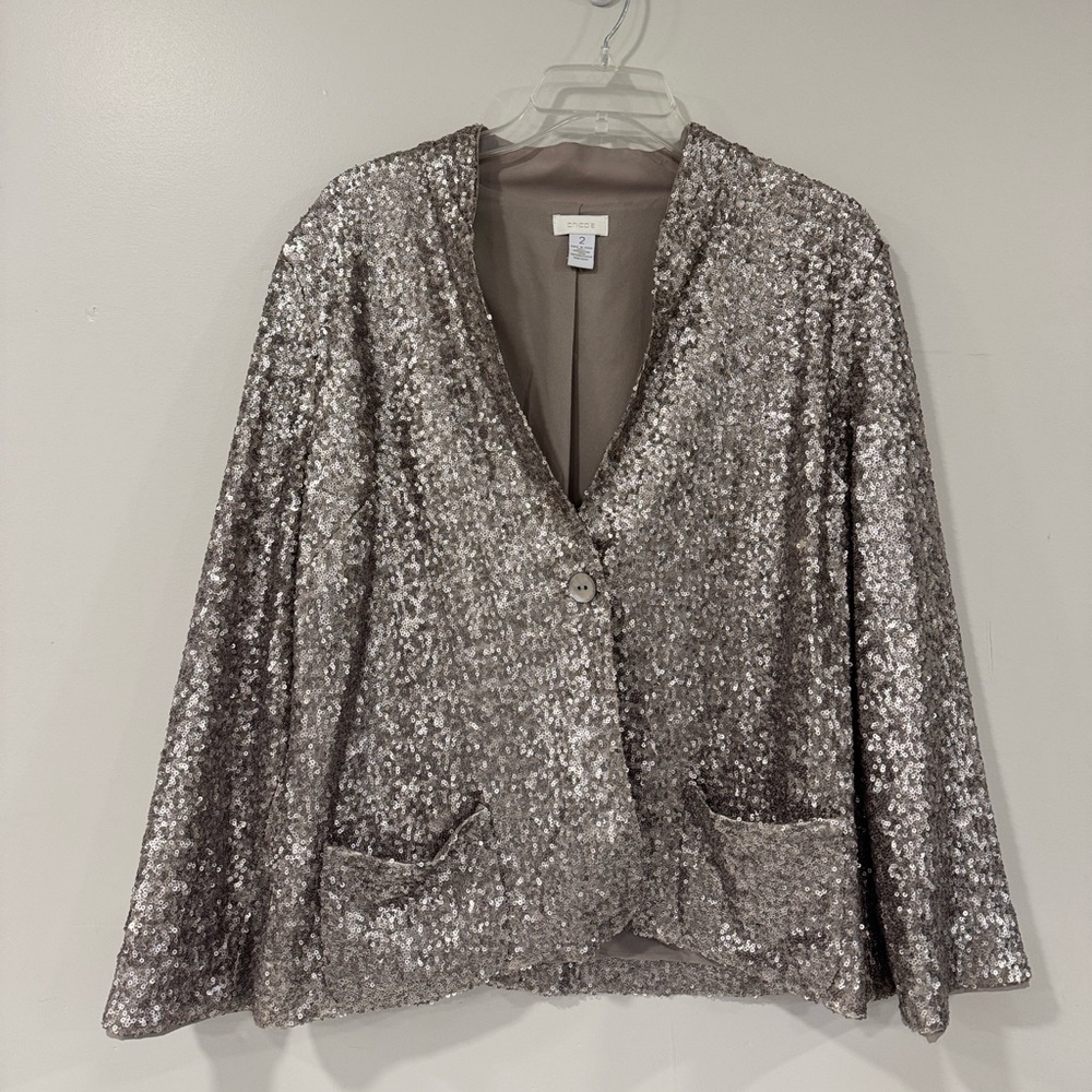 Chico's Shimmering Silver Sequin Blazer Size Large
